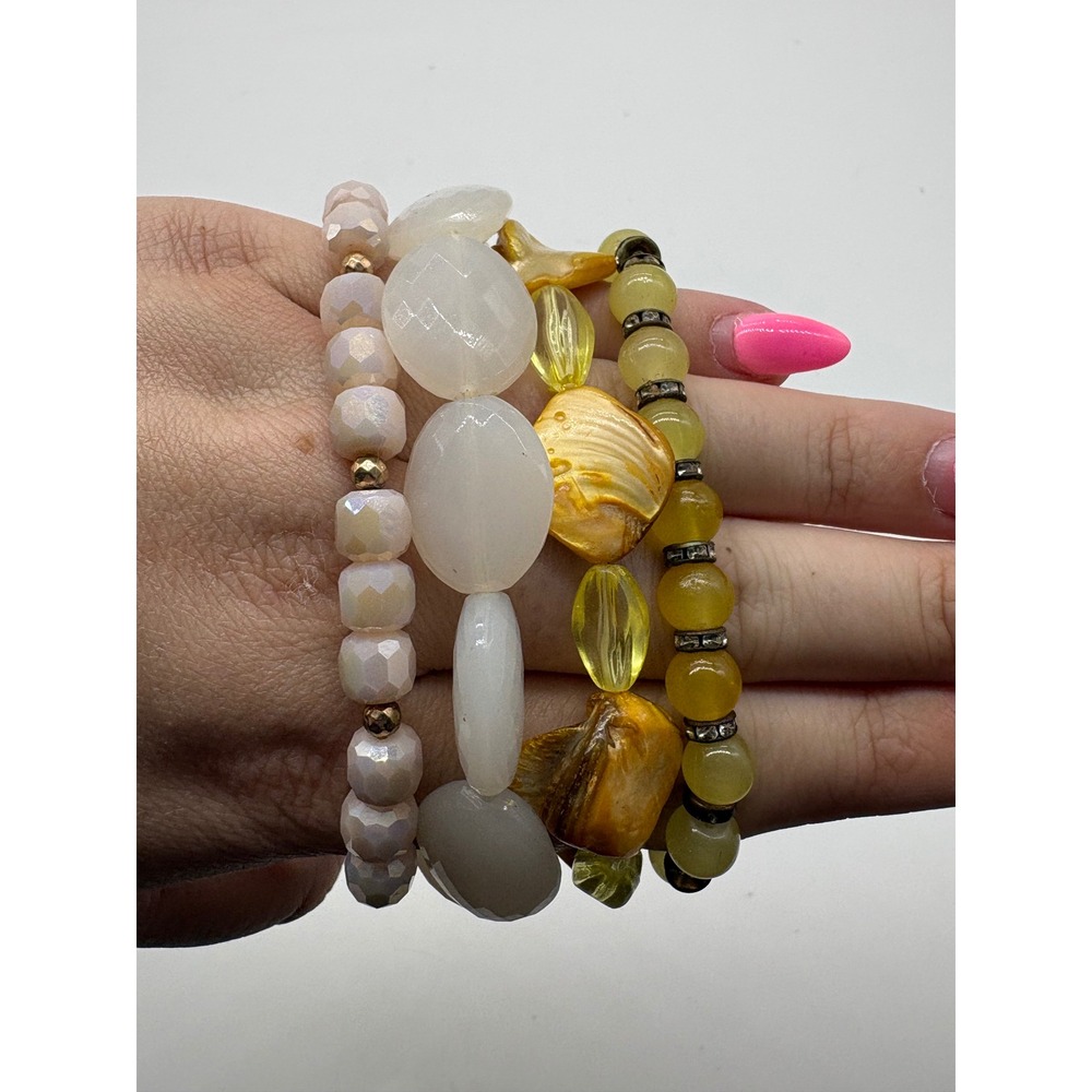 Yellow and White Beaded Stretch Bracelet Stack Set 4pc Shell Stone‎ Glass Boho